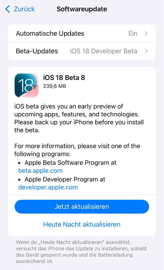 林州苹果手机维修分享苹果 iOS / iPadOS 18 开发者预览版 Beta 8 发布 